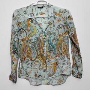 Massimo Dutti Women's 4 Paisley Print Long Sleeve Shirt Top Blouse Boho